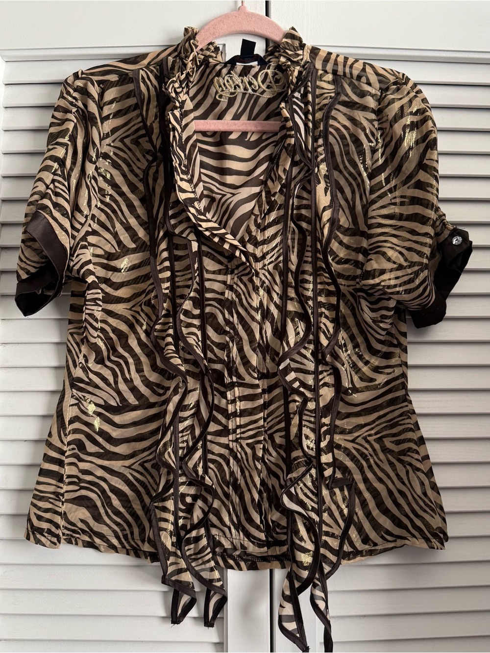 Y2K Zebra Print Ruffle Tie-Front Blouse in Brown & Cream